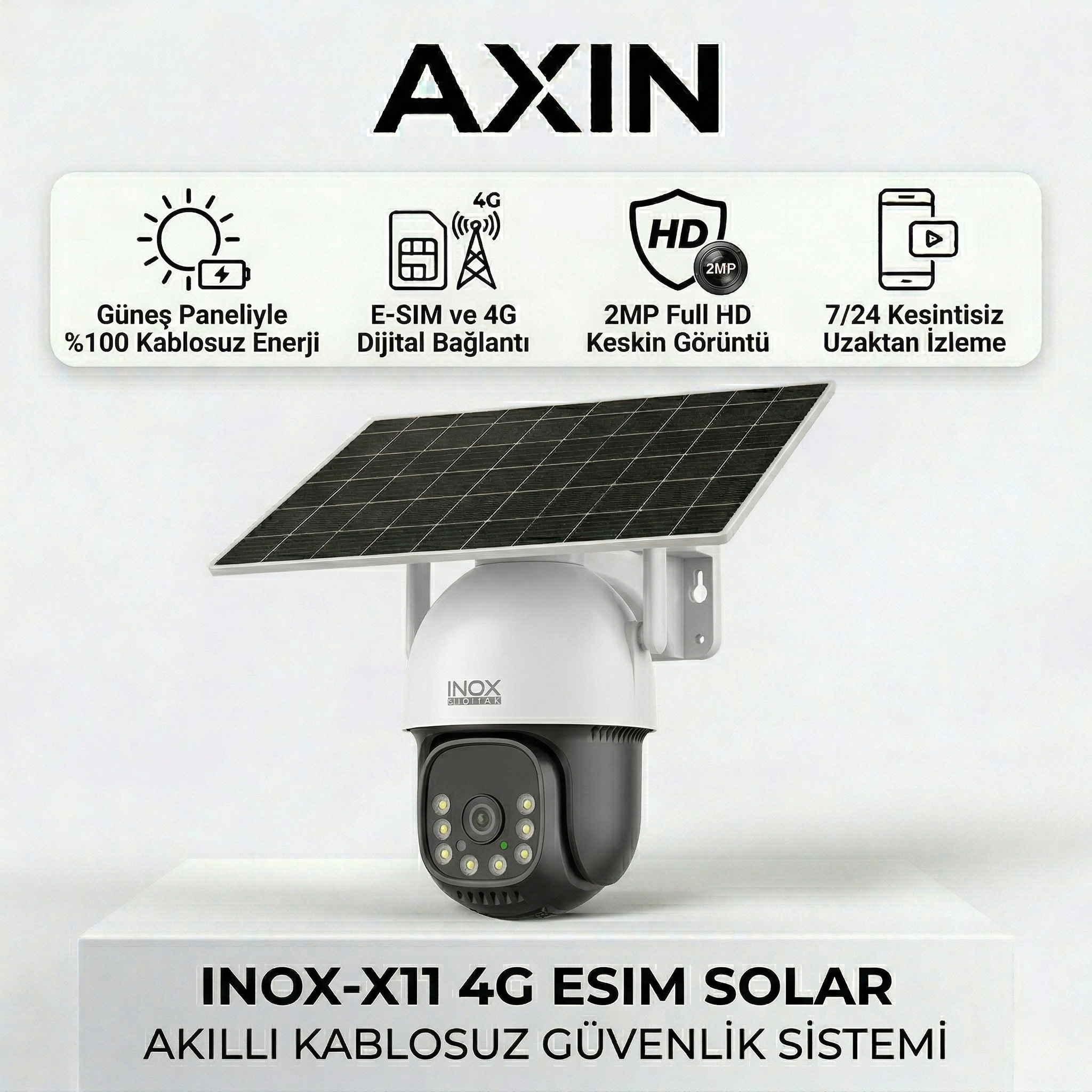 INOX X11 2MP 4G E-SIM Destekli Solar Güneş Enerjili Kablosuz Akıllı Güvenlik Kamerası