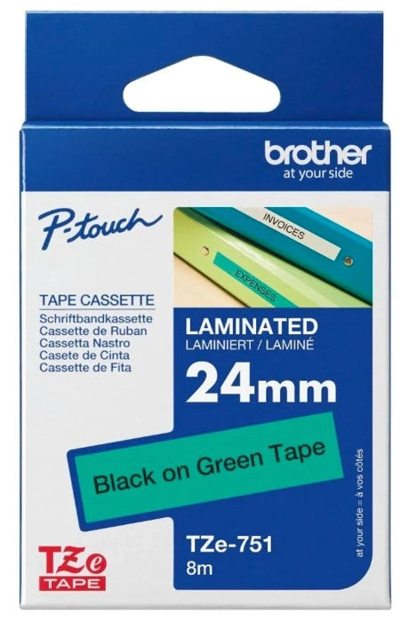 Brother P-Touch TZe-751 24 mm Yeşil Üzeri Siyah Laminasyonlu Etiket