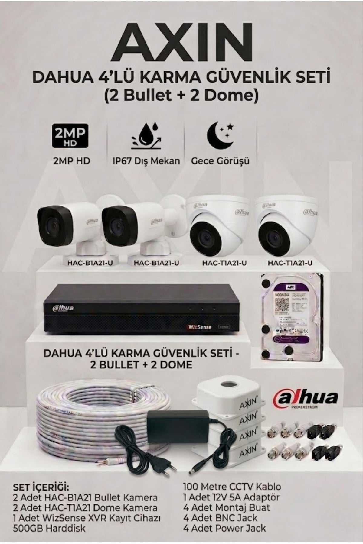 4 Kameralı Güvenlik Seti - 2 Dış Mekan Bullet 2 İç Mekan Dome - Full Paket - 500GB HDD