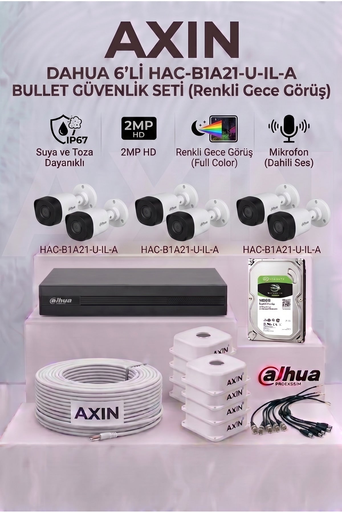 6 Kameralı Full Color Gece Görüşlü Güvenlik Kamera Seti - Mikrofonlu (Sesli), 500GB HDD, Yapay Zeka Yüz Tanıma - Gece Renkli