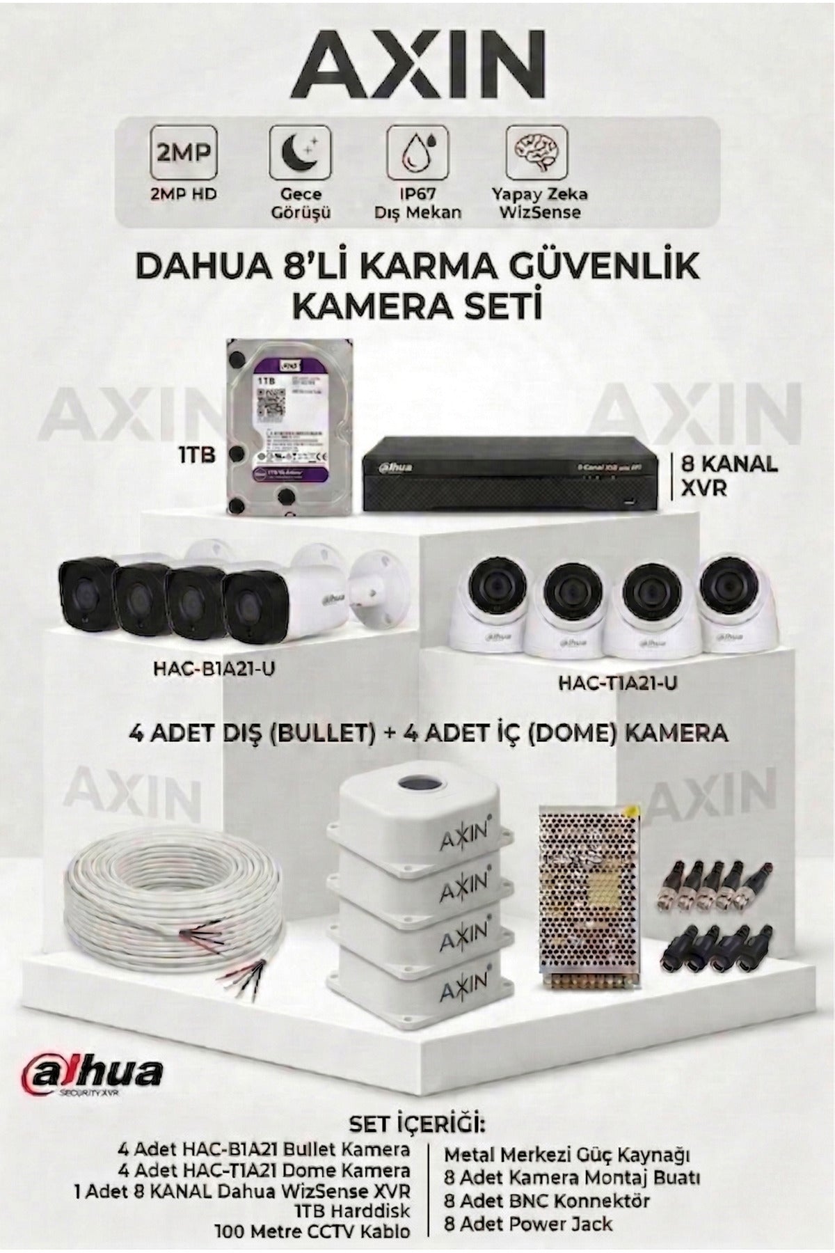 8'li Güvenlik Kamera Seti - (4 Dış + 4 İç Mekan Kamera) - Gece Görüş - Yapay Zeka - 1TB HDD