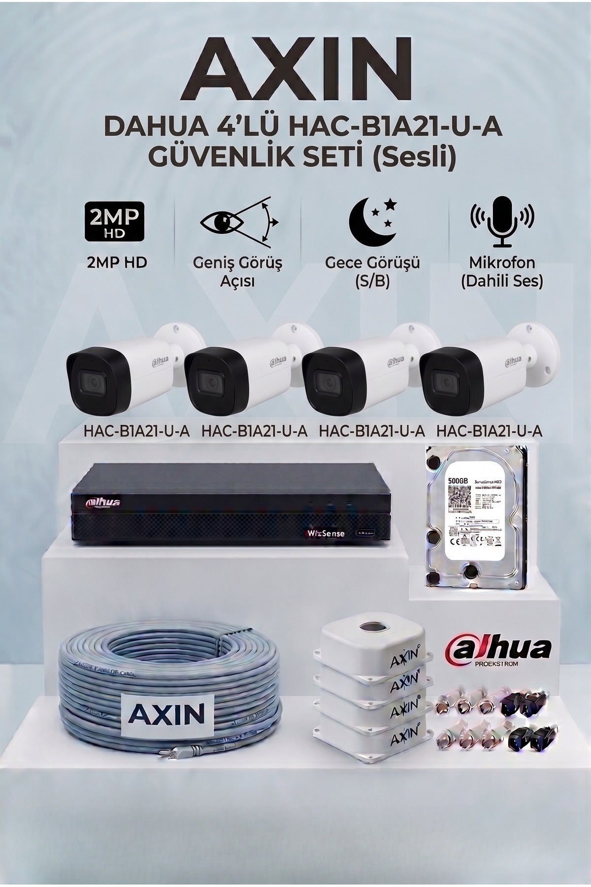 4 Kameralı Bullet Güvenlik Kamera Seti - Mikrofonlu (Sesli), 500 GB HDD, 4 Kanal XVR, Gece Görüşlü