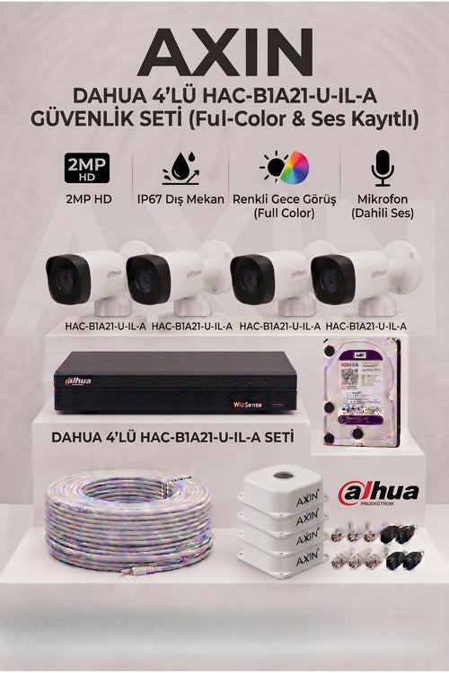 4 Kameralı Full Color Gece Görüşlü Güvenlik Kamera Seti - Mikrofonlu (Sesli), 500 GB HDD, Yapay Zeka Yüz Tanıma - Gece Renkli