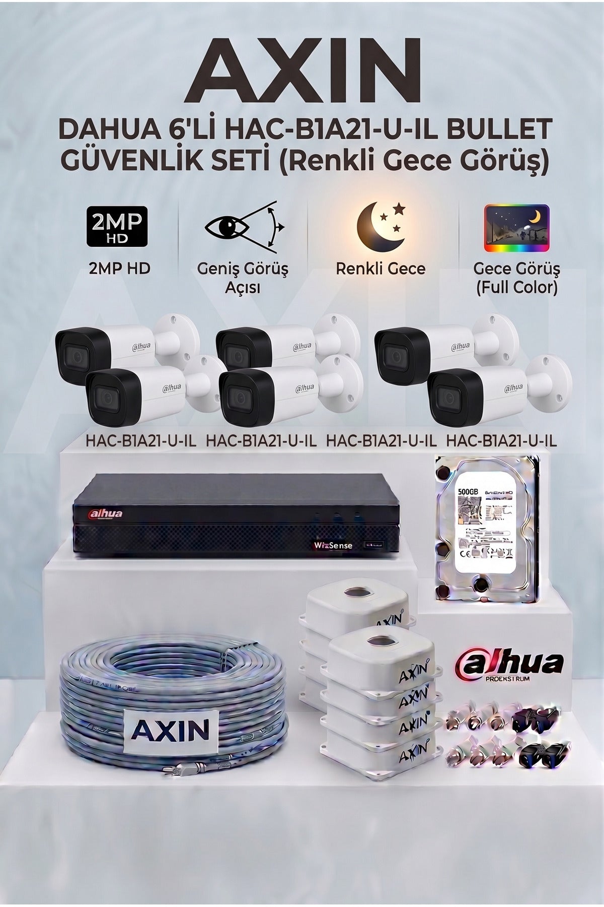 6 Kameralı Bullet Full Color Güvenlik Kamera Seti - 500 GB HDD, Akıllı Çift Işık, Yapay Zeka Destekli - Gece Renkli