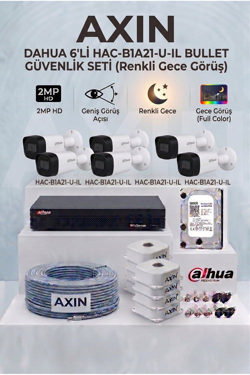 6 Kameralı Bullet Full Color Güvenlik Kamera Seti - 500 GB HDD, Akıllı Çift Işık, Yapay Zeka Destekli - Gece Renkli