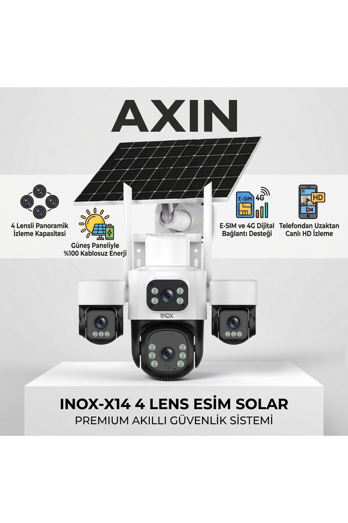 INOX X14 4 Lensli E-SIM Destekli Solar Güneş Enerjili 4G Kablosuz Akıllı Güvenlik Kamerası