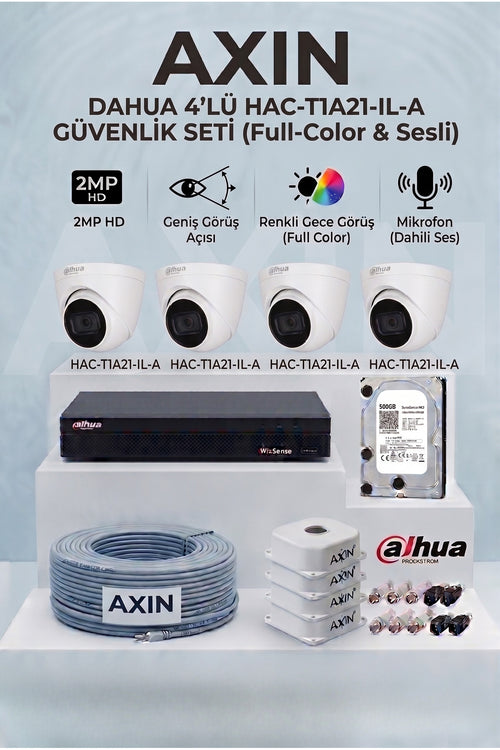 4 Kameralı Dome Full Color Sesli Güvenlik Kamera Seti - Mikrofonlu, 2.8mm Geniş Açı, 500 GB HDD, Akıllı Çift Işık - Gece Renkli