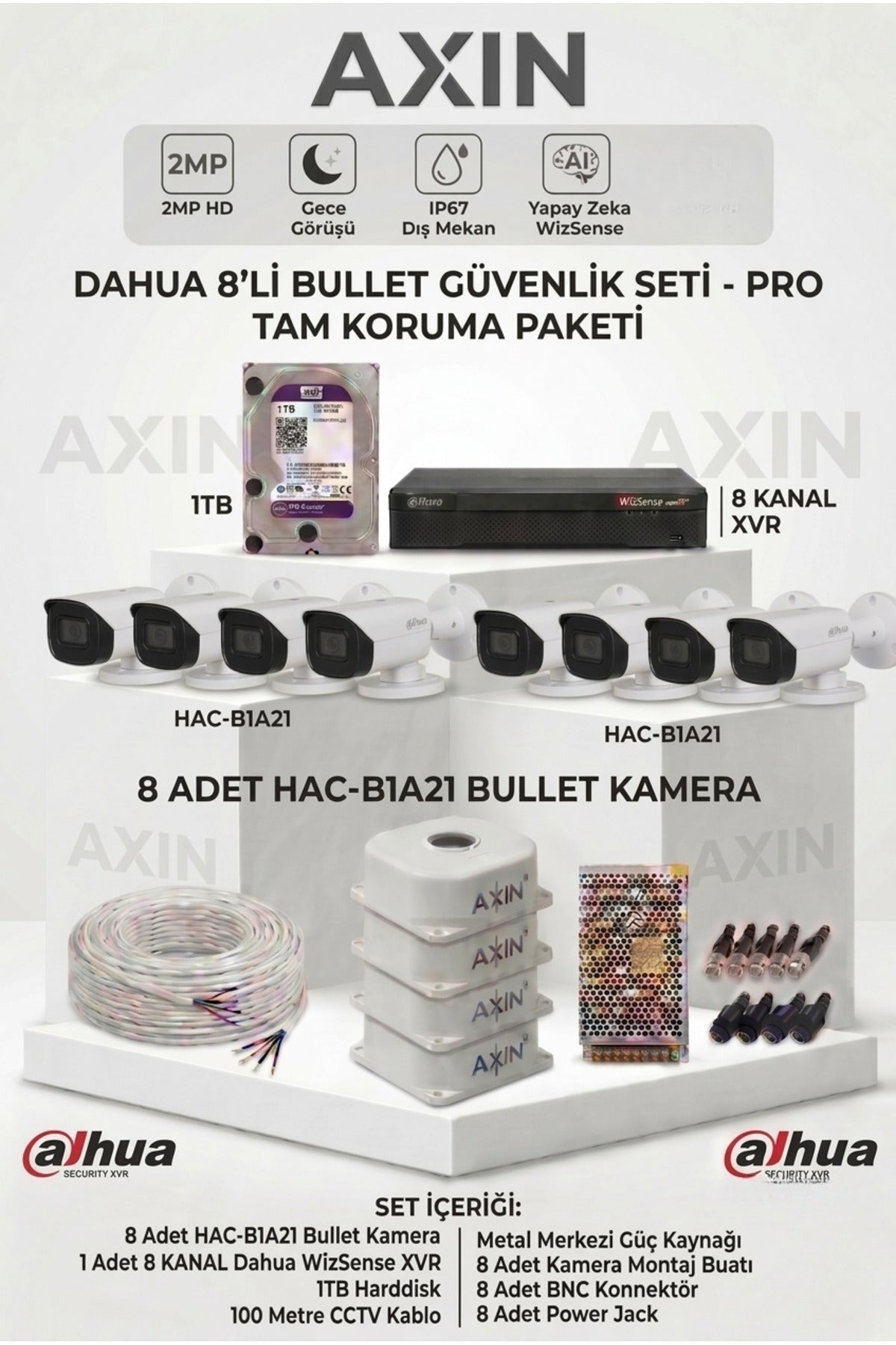 8'li Güvenlik Kamera Seti - Gece Görüş - Yapay Zeka - 1TB HDD