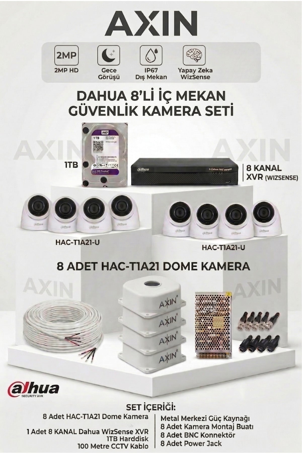 8 Kameralı Full Güvenlik Seti - Gece Görüşlü İç Mekan Dome Kamera Sistemi + 1TB HDD