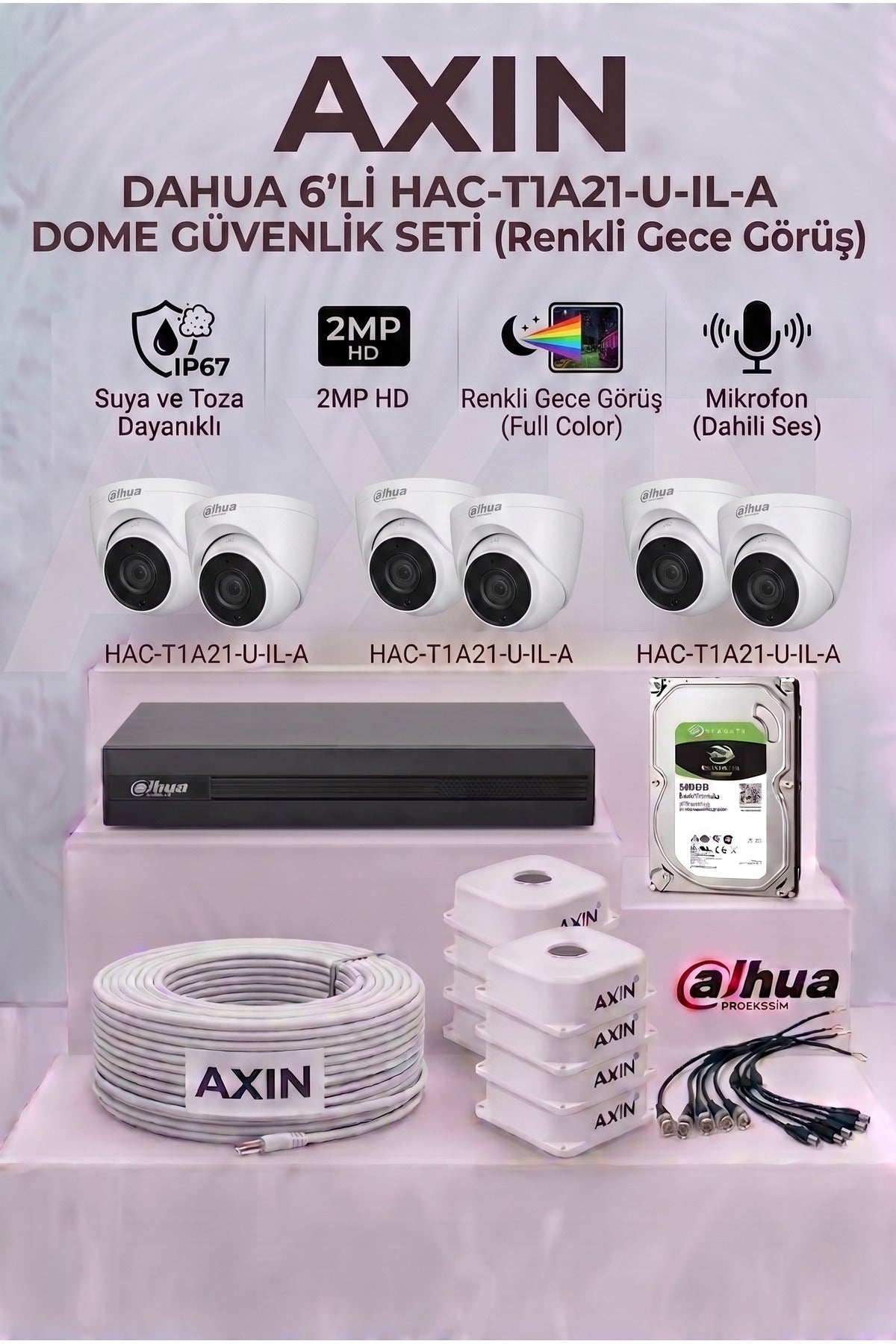 6 Kameralı Dome Renkli Gece Görüşlü Güvenlik Kamera Seti - Mikrofonlu (Sesli), 1 TB HDD, Yapay Zeka Yüz Tanıma