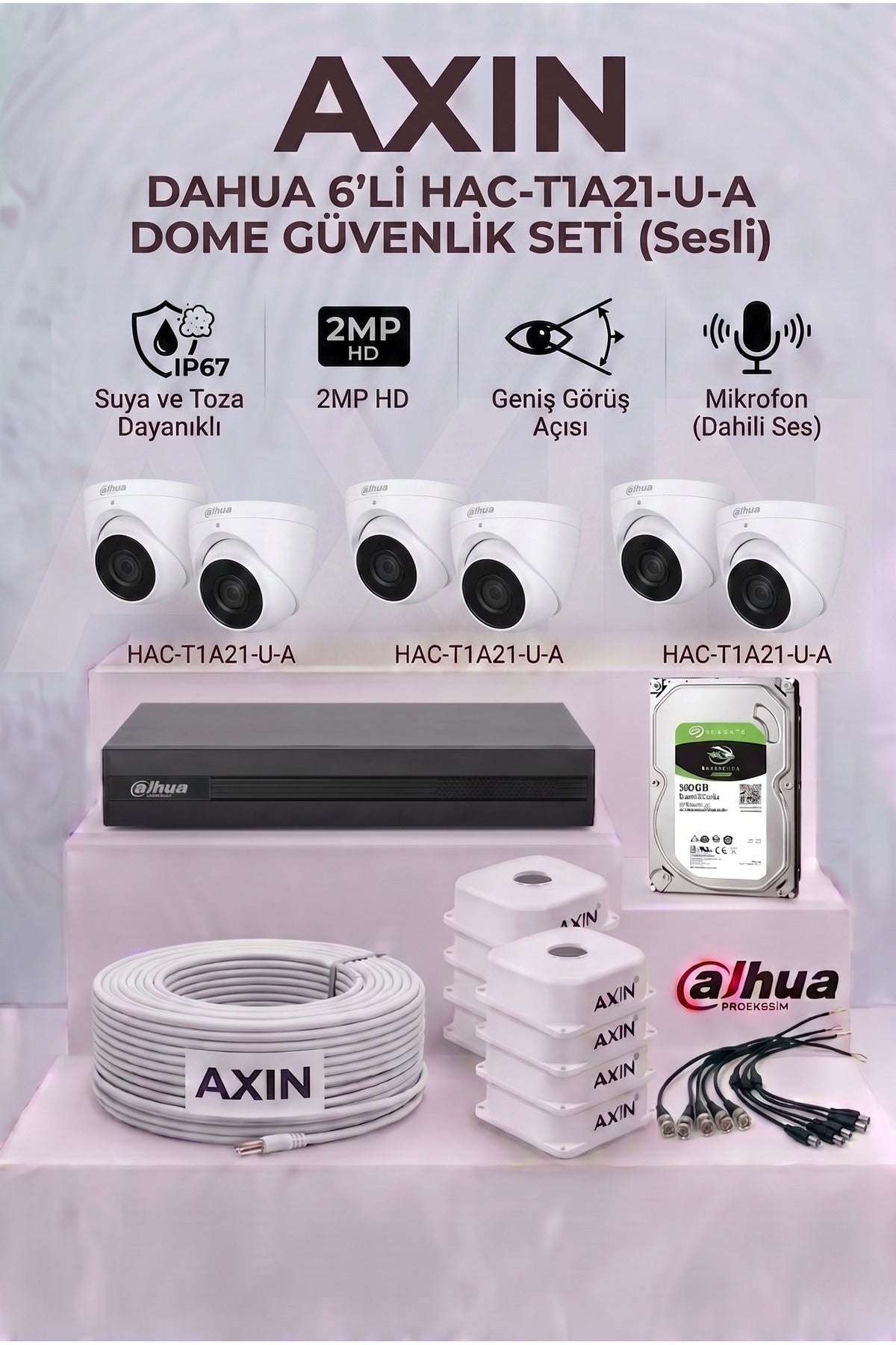 6 Kameralı Dome Güvenlik Kamera Seti - Mikrofonlu (Sesli), 2.8mm Geniş Açı, 500 GB HDD, 8 Kanal XVR