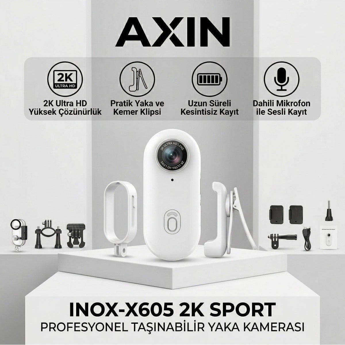 INOX X605 2K Ultra HD Profesyonel Sport Yaka Kamerası | Sesli Görüntülü Kayıt