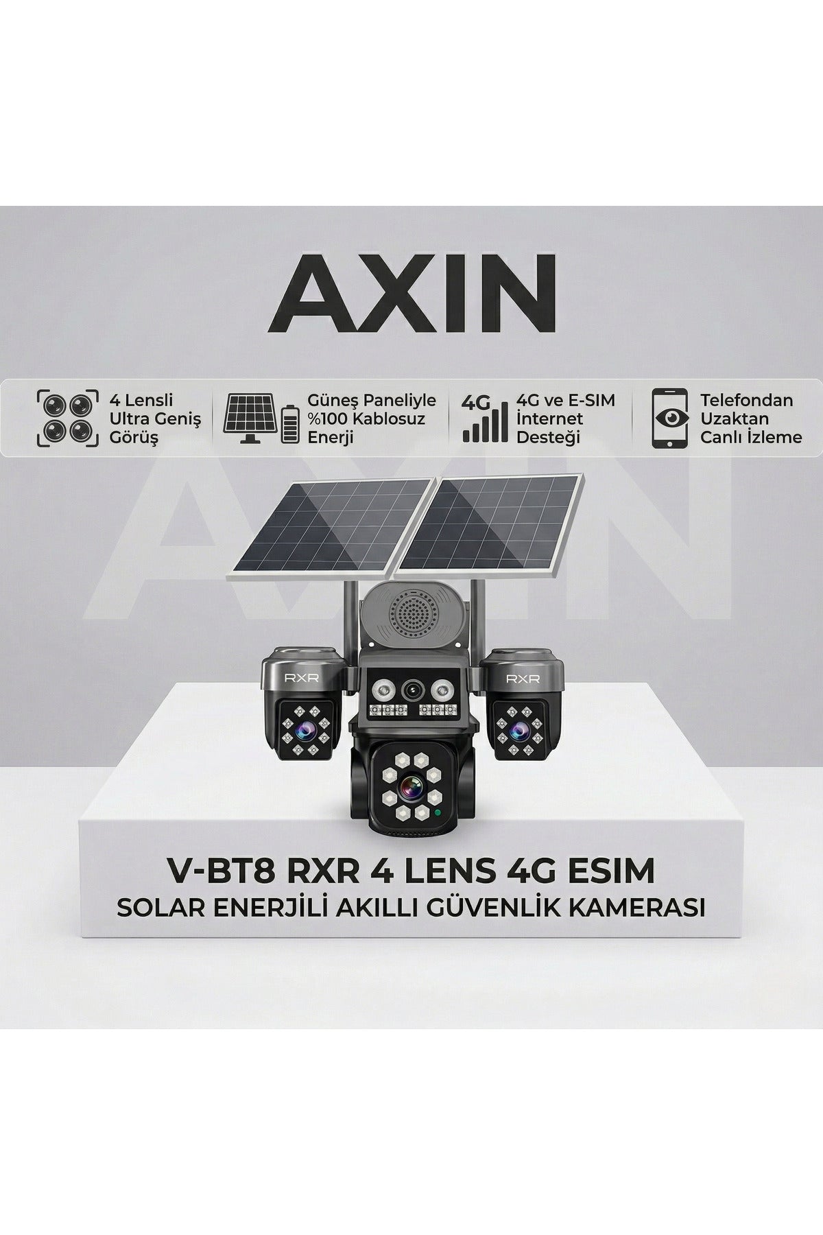 RXR V-BT8 4 Lensli 4G E-SIM Destekli Solar Güneş Enerjili Kablosuz Akıllı Güvenlik Kamerası