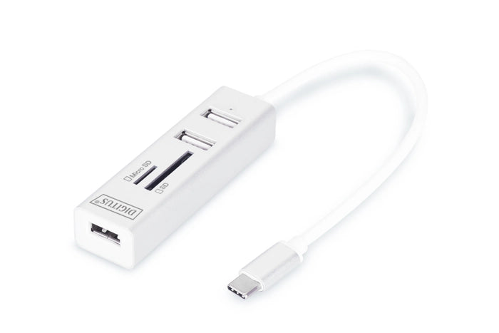 DIGITUS DA-70243 Digitus USB 2.0 Tip C 3 Port Hub, Kart Okuyucu, 3 x USB 2.0. 1 x SD, 1 x MicroSD kart yuvası, alüminyum