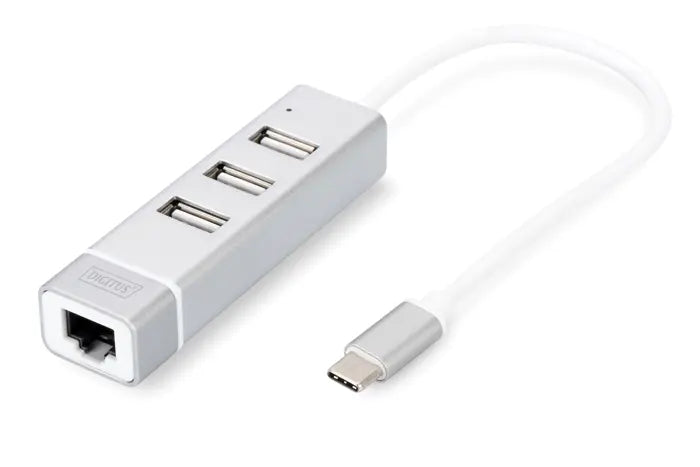 DIGITUS DA-70253 Digitus 3 port USB Tip C Hub & Fast Ethernet LAN Adaptörü, 3 x USB A/Diş (USB 2.0), 1 x RJ45 Dişi (10/100), 1 x USB Tip C (bilgisayar bağlantısı), alüminyum