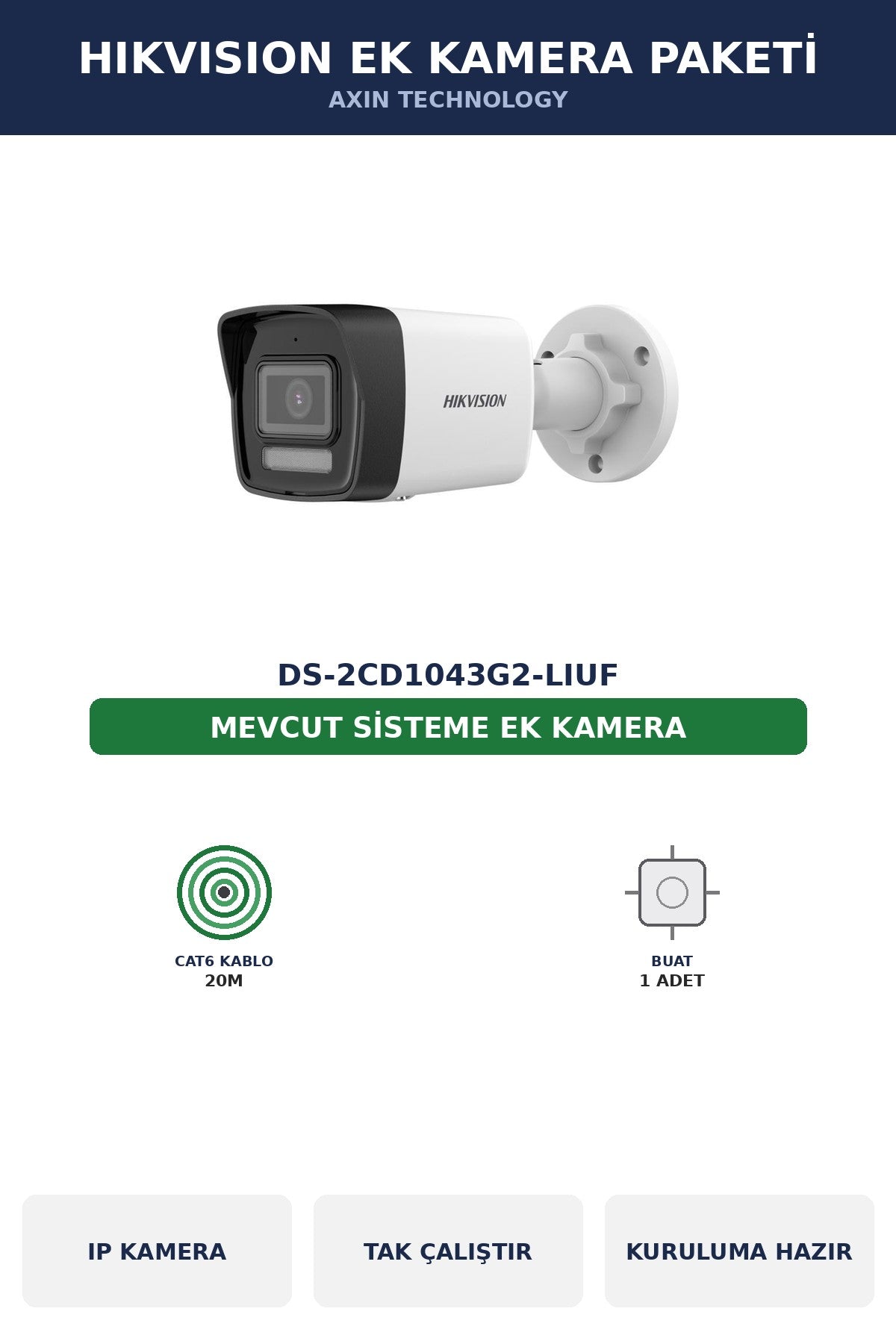 Hikvision DS-2CD1043G2-LIUF Ek Kamera Paketi 4MP Tak Çalıştır Kablo Dahil