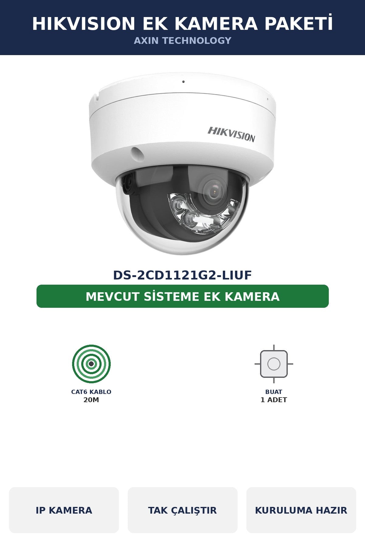 Hikvision DS-2CD1121G2-LIUF Ek Kamera Paketi 2MP Tak Çalıştır Kablo Dahil
