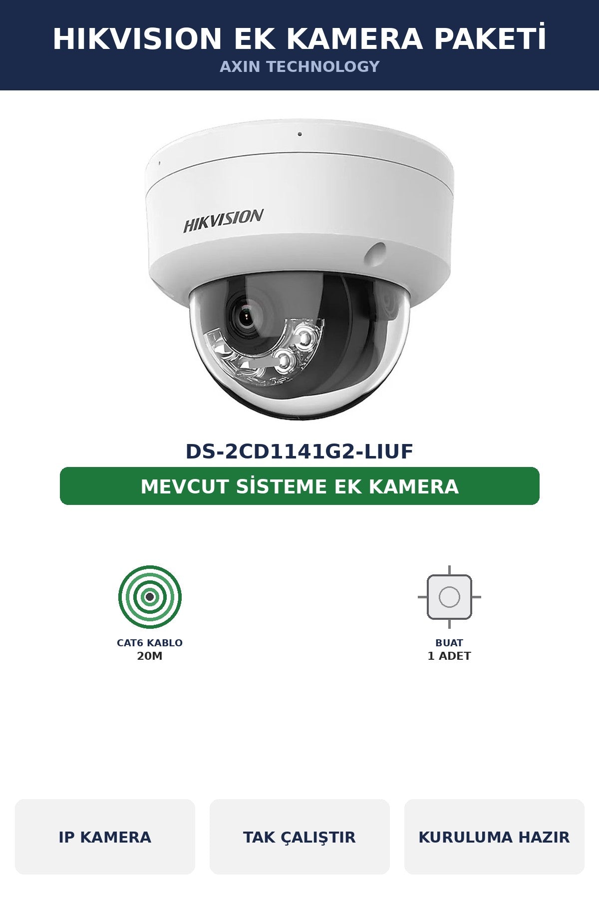 Hikvision DS-2CD1141G2-LIUF Ek Kamera Paketi 4MP Tak Çalıştır Kablo Dahil