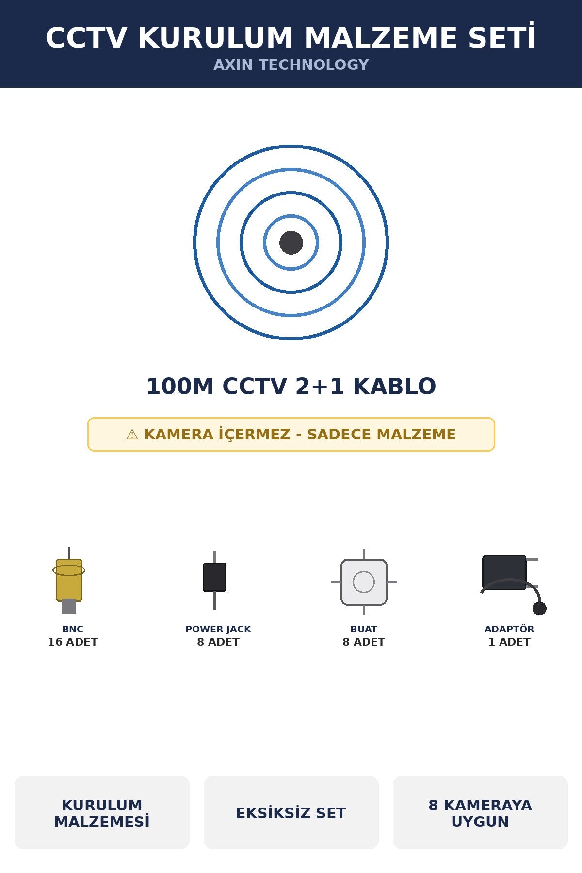 CCTV Kurulum Malzeme Seti 8 Kamera İçin 100m Kablolu