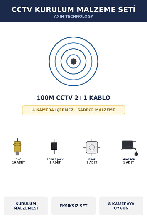 CCTV Kurulum Malzeme Seti 8 Kamera İçin 100m Kablolu