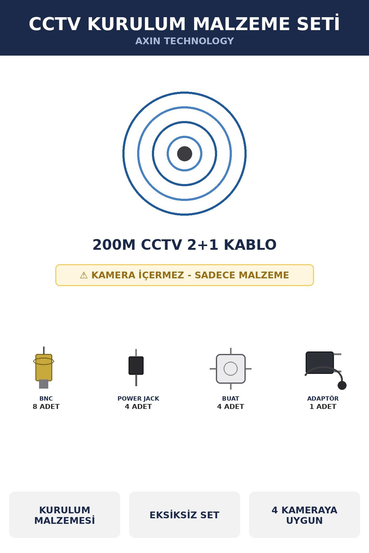 CCTV Kurulum Malzeme Seti 4 Kamera İçin 200m Kablolu