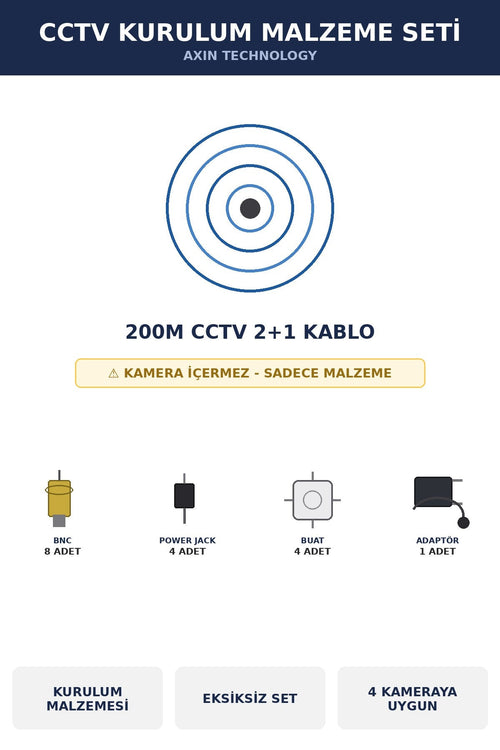 CCTV Kurulum Malzeme Seti 4 Kamera İçin 200m Kablolu