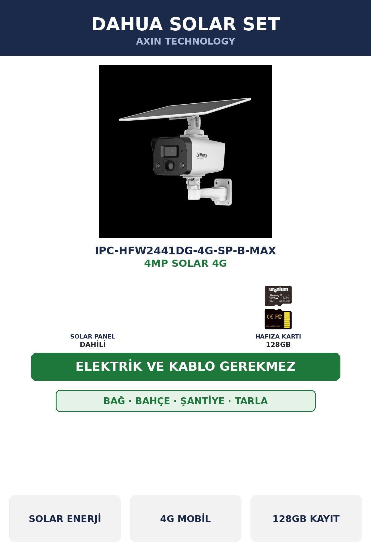 Dahua IPC-HFW2441DG-4G-SP-B-MAX 4MP Elektriksiz Solar 4G Akıllı Bahçe/Şantiye Güvenlik Seti