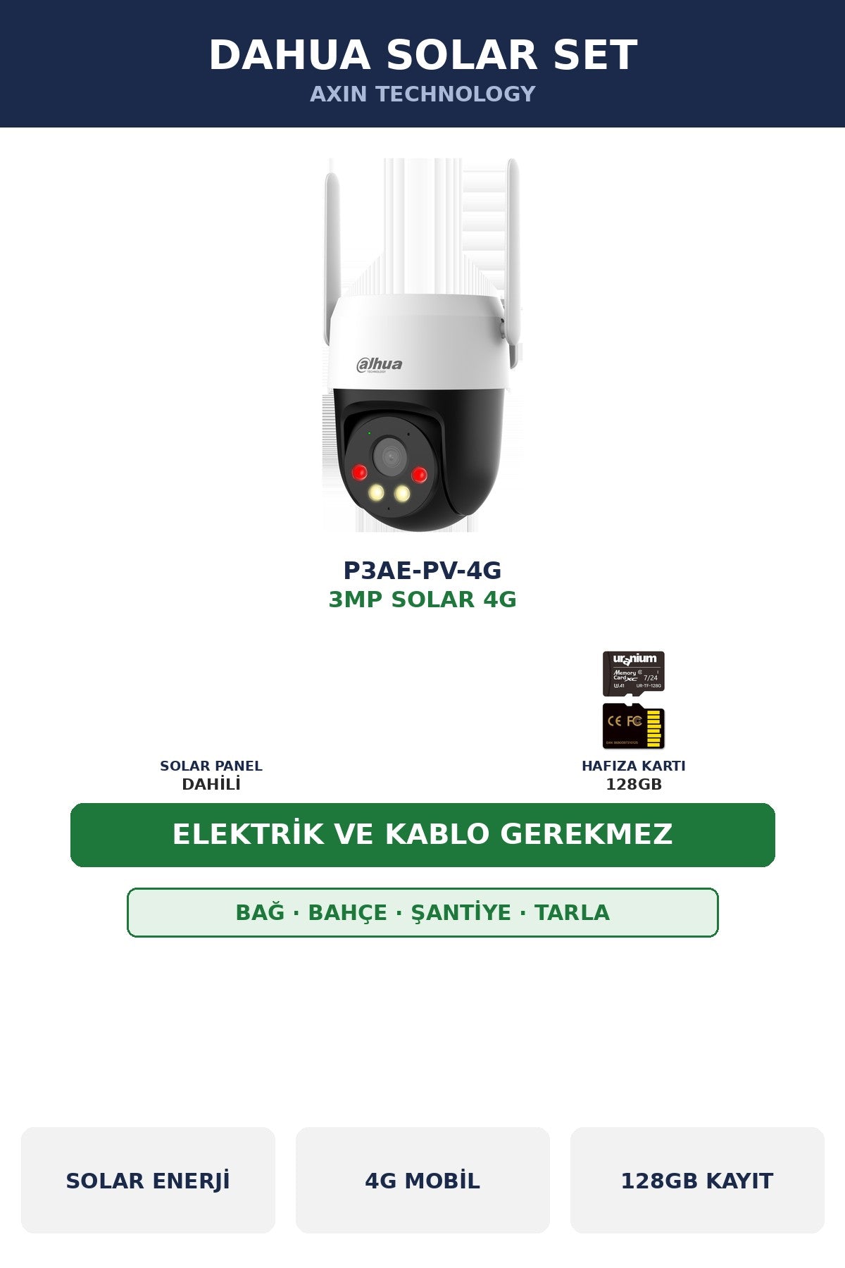 Dahua P3AE-PV-4G 3MP Elektriksiz Solar 4G Bağ/Bahçe/Şantiye Güvenlik Seti