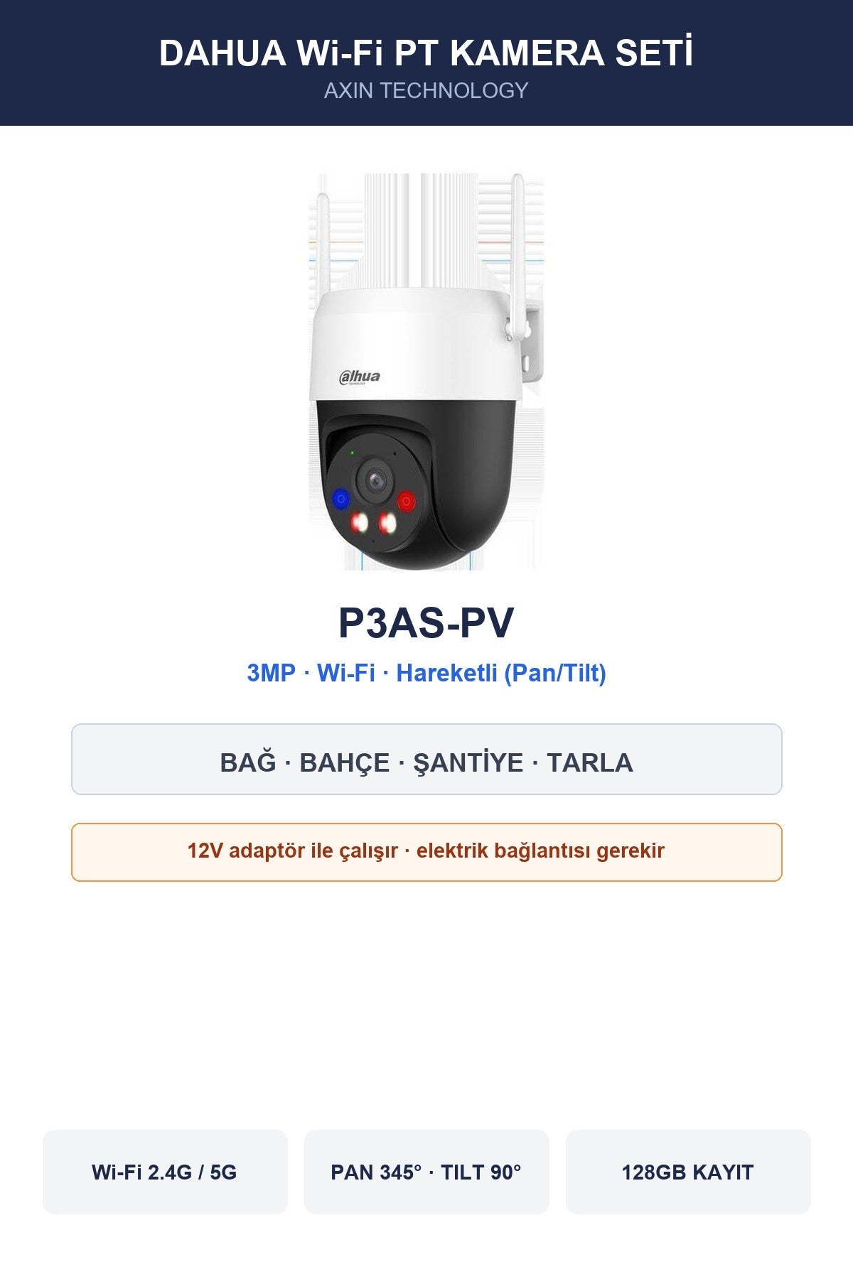 Dahua P3AS-PV 3MP Wi-Fi Pan/Tilt Dış Mekan Güvenlik Kamerası 128GB SD Kart Dahil