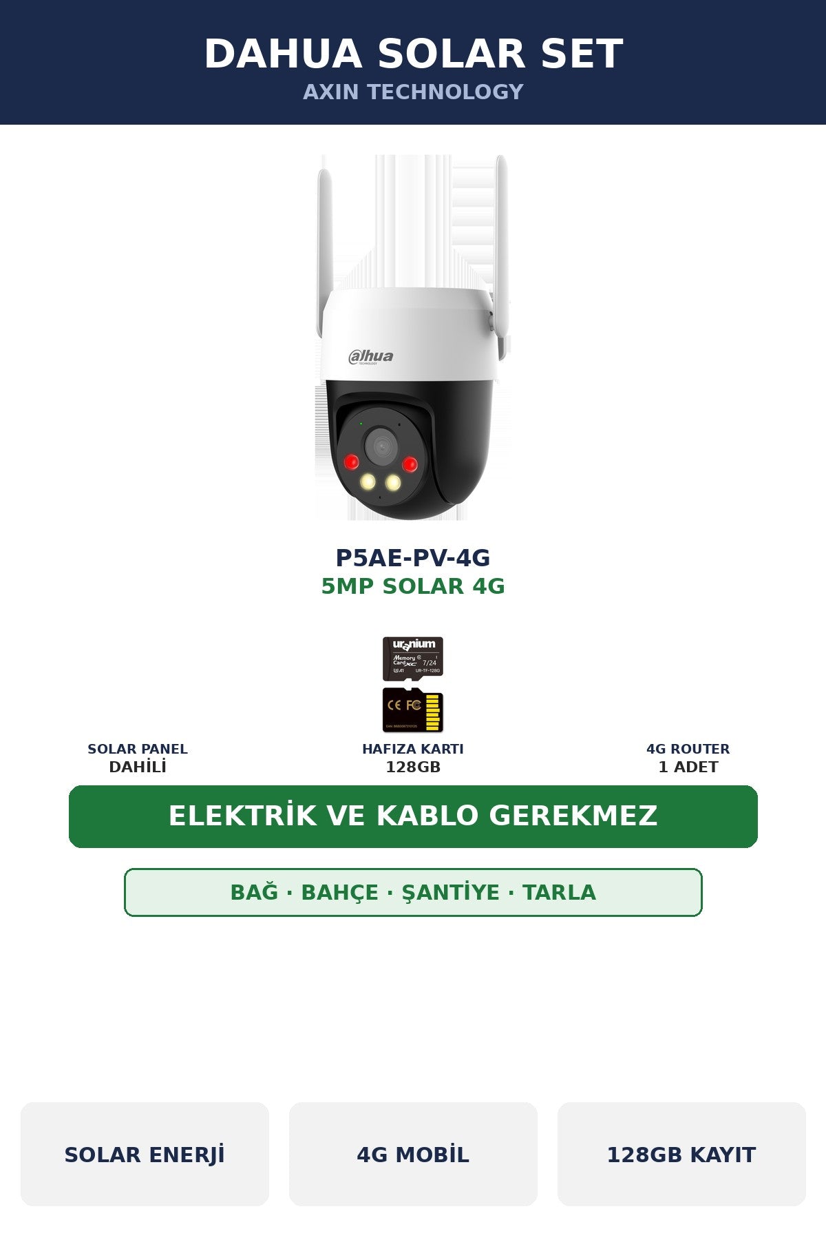 Dahua P5AE-PV-4G 5MP Elektriksiz Solar 4G Router'lı Şantiye/Arazi Seti