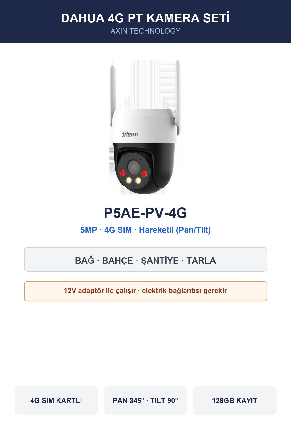 Dahua P5AE-PV-4G 5MP 4G SIM Kartlı Pan/Tilt Dış Mekan Kamera 128GB SD Kart Dahil