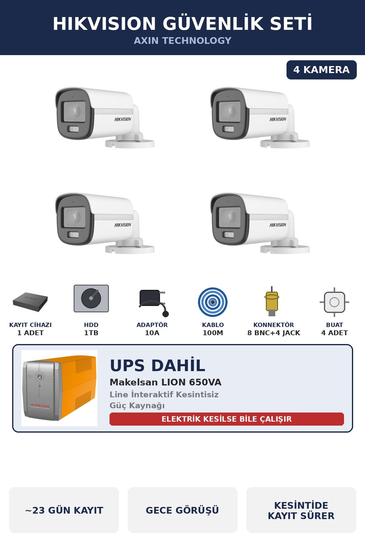 Hikvision 4 Kameralı 2MP UPS'li Güvenlik Kamera Seti ColorVu Gece Renkli 1TB Bullet Dış Mekan