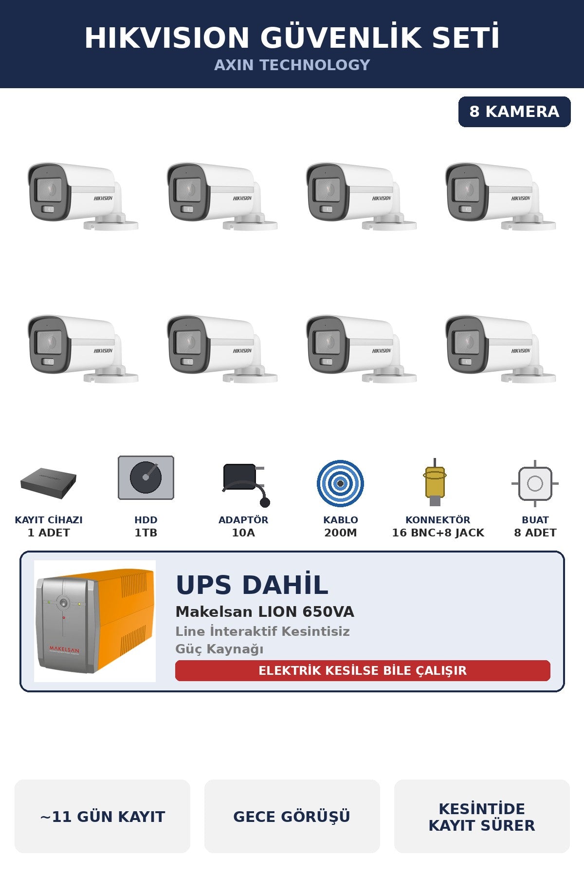 Hikvision 8 Kameralı 2MP UPS'li Güvenlik Kamera Seti ColorVu Gece Renkli 1TB Bullet Dış Mekan