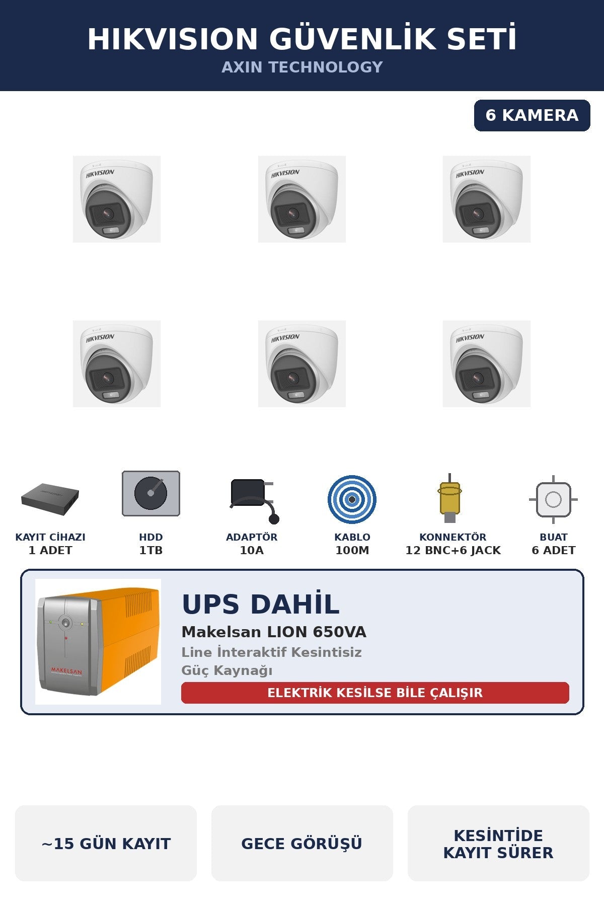 Hikvision 6 Kameralı 2MP UPS'li Güvenlik Kamera Seti ColorVu Gece Renkli 1TB Dome İç Mekan