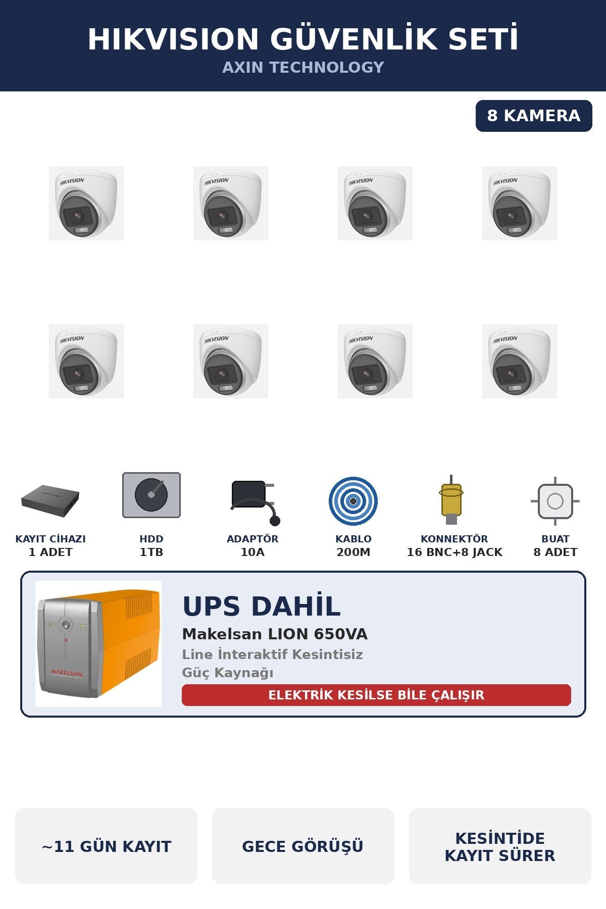 Hikvision 8 Kameralı 2MP UPS'li Güvenlik Kamera Seti ColorVu Gece Renkli 1TB Dome İç Mekan