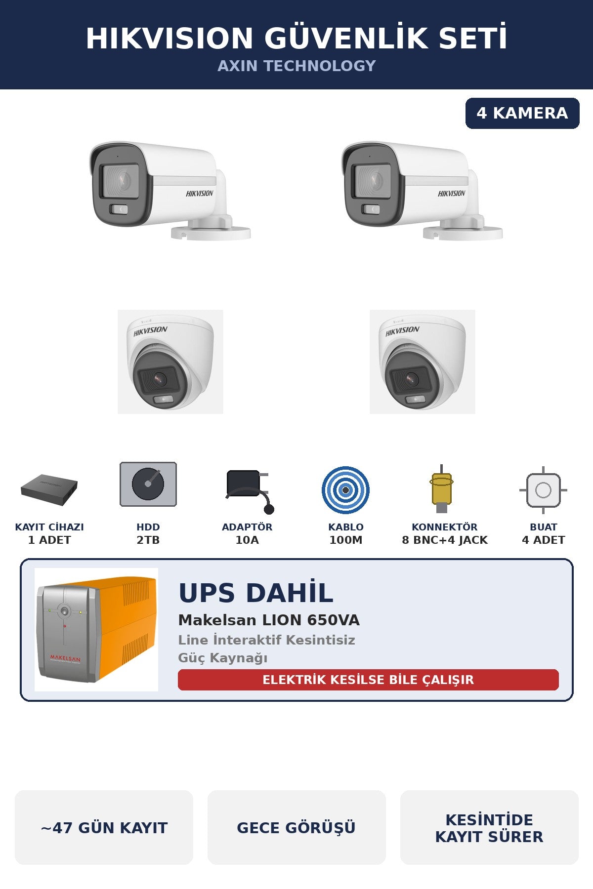 Hikvision 4 Kameralı 2MP UPS'li Güvenlik Kamera Seti ColorVu Gece Renkli 2TB Dome+Bullet