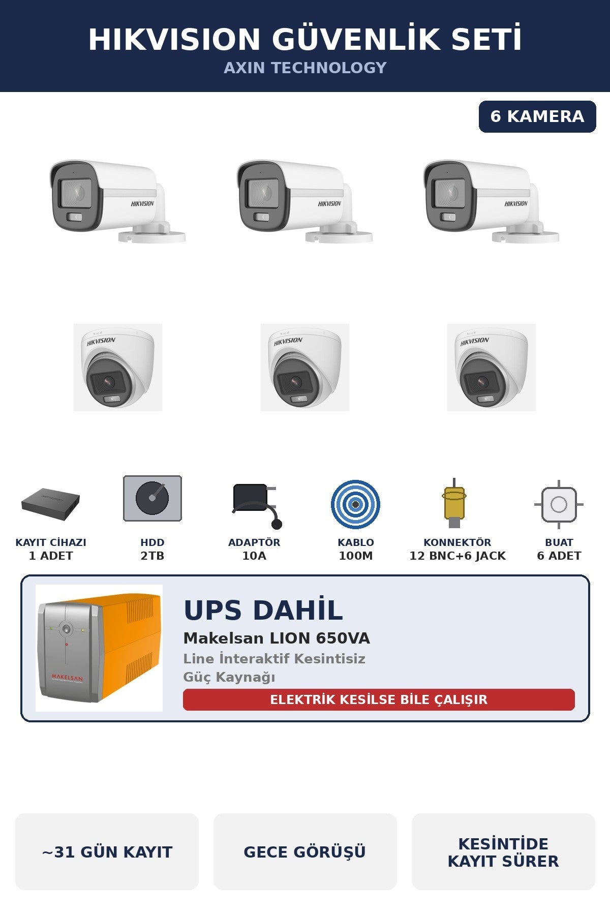 Hikvision 6 Kameralı 2MP UPS'li Güvenlik Kamera Seti ColorVu Gece Renkli 2TB Dome+Bullet