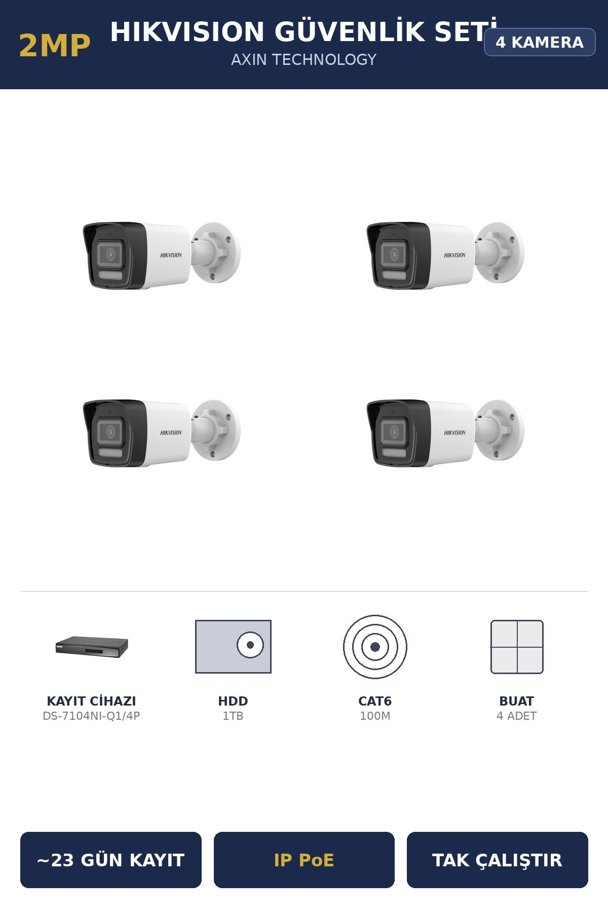 Hikvision 4 Kameralı 2MP Güvenlik Kamera Seti IP PoE AcuSense 1TB ~23 Gün Kayıt Bullet Dış Mekan