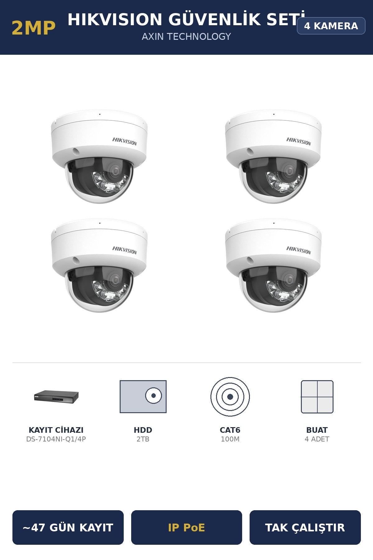 Hikvision 4 Kameralı 2MP Güvenlik Kamera Seti IP PoE AcuSense 2TB ~47 Gün Kayıt Dome İç Mekan