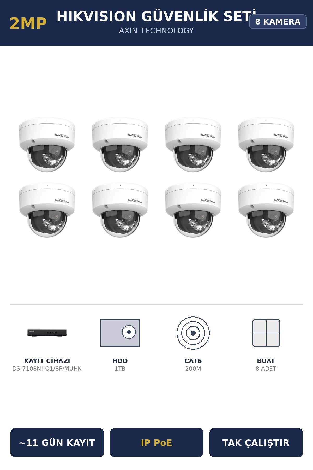 Hikvision 8 Kameralı 2MP Güvenlik Kamera Seti IP PoE AcuSense 1TB ~11 Gün Kayıt Dome İç Mekan