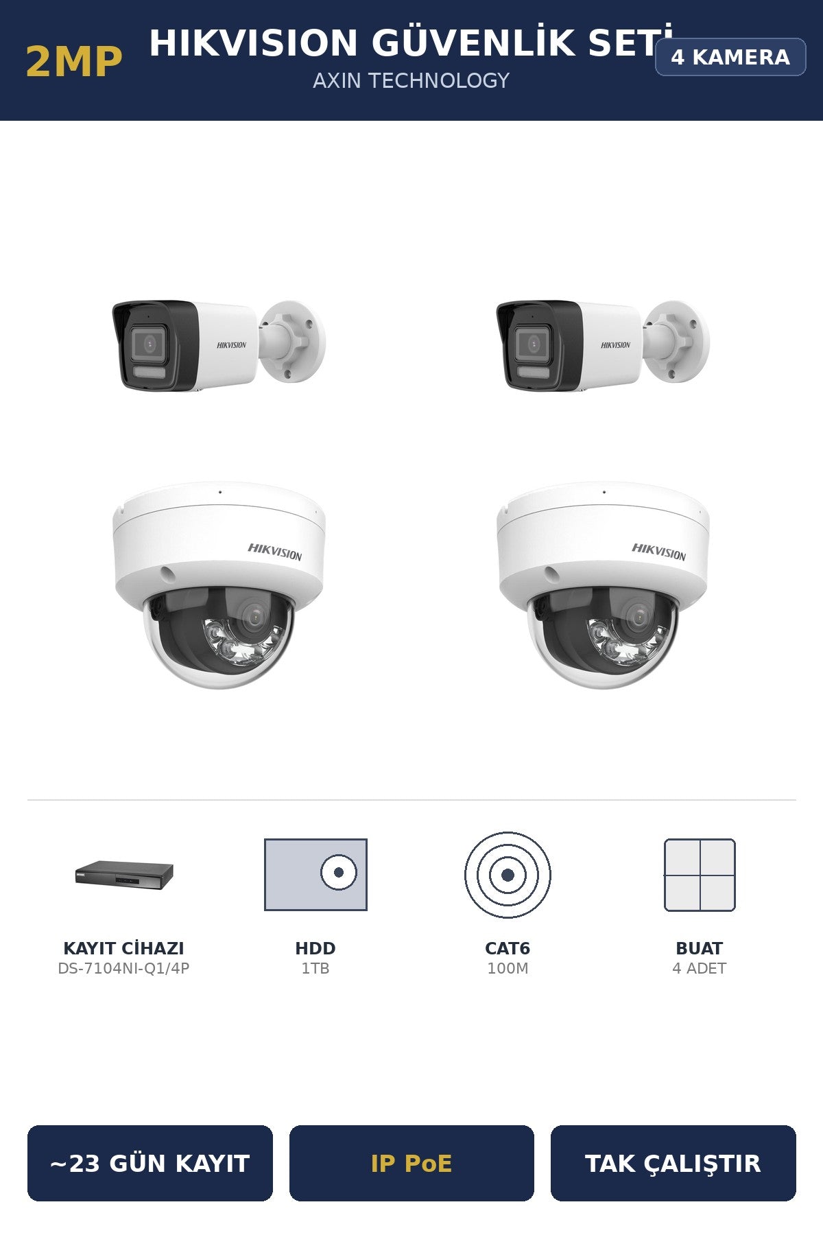Hikvision 4 Kameralı 2MP Güvenlik Kamera Seti IP PoE AcuSense 1TB ~23 Gün Kayıt Dome+Bullet