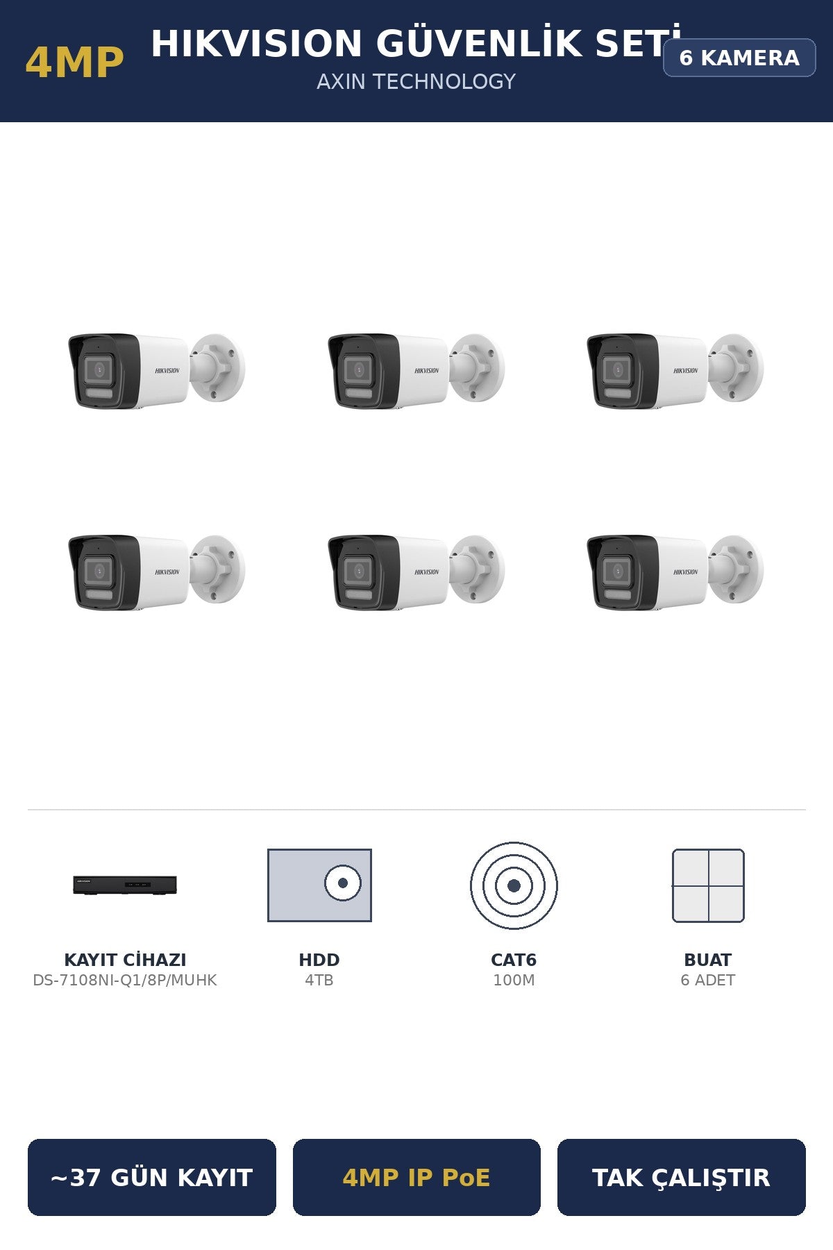 Hikvision 6 Kameralı 4MP Güvenlik Kamera Seti 4MP IP PoE 4TB ~37 Gün Kayıt Bullet Dış Mekan