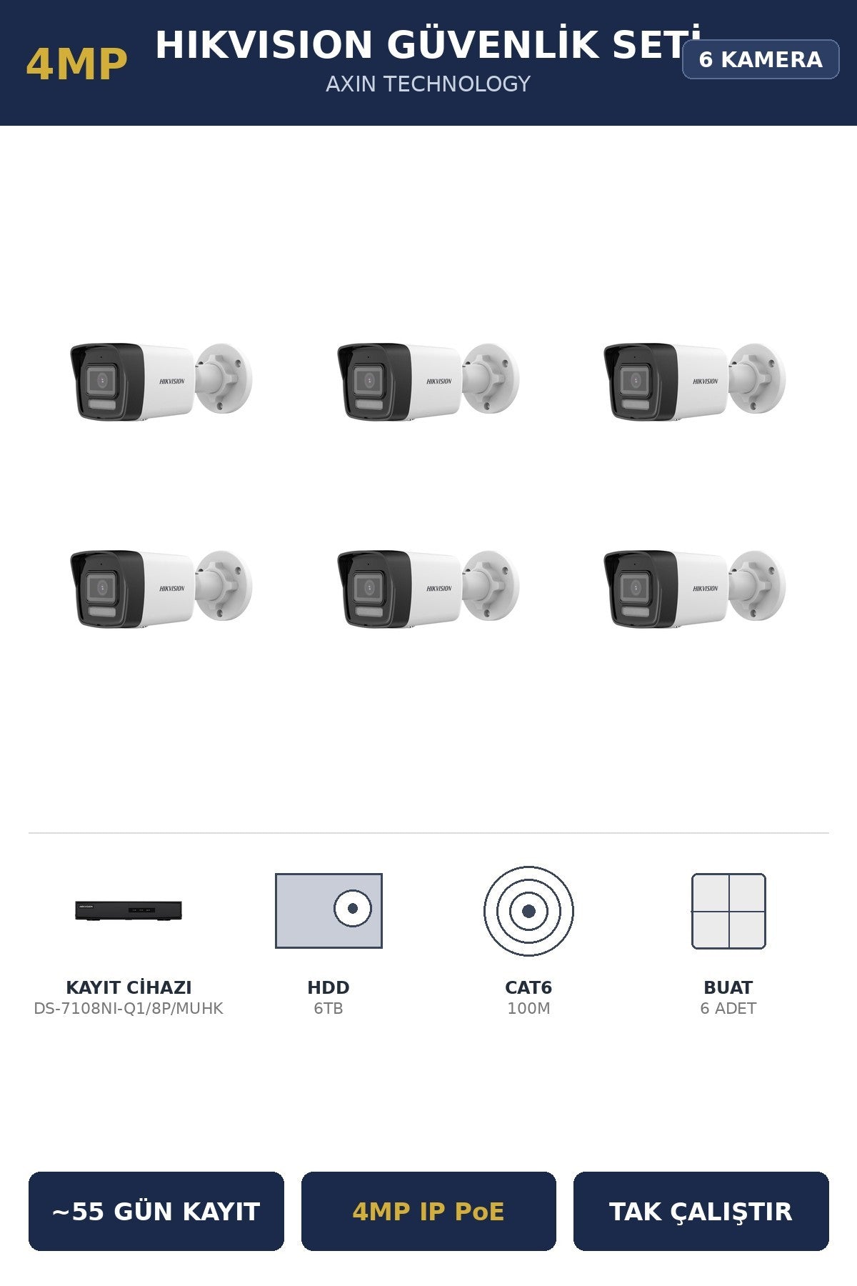 Hikvision 6 Kameralı 4MP Güvenlik Kamera Seti 4MP IP PoE 6TB ~55 Gün Kayıt Bullet Dış Mekan