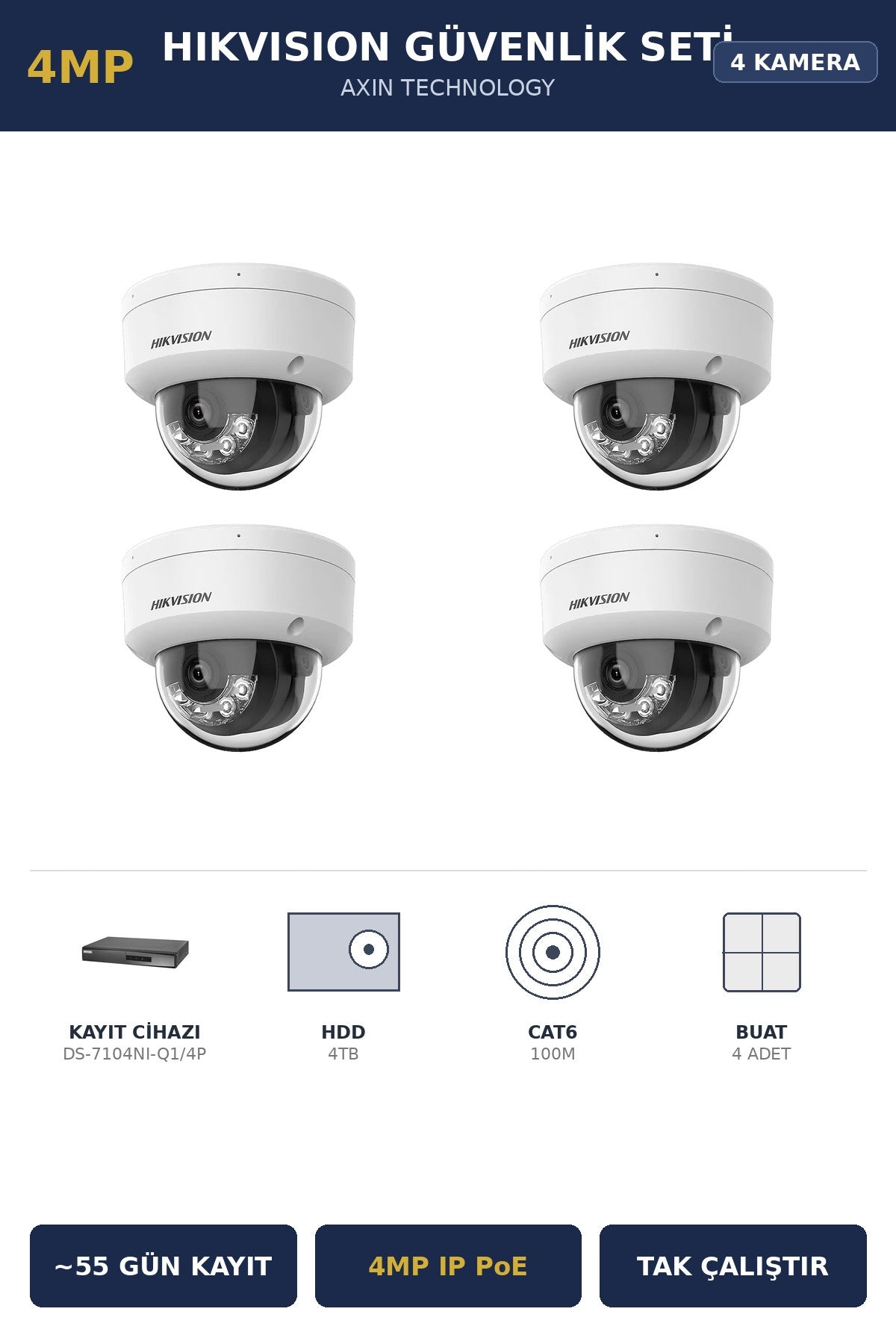 Hikvision 4 Kameralı 4MP Güvenlik Kamera Seti 4MP IP PoE 4TB ~55 Gün Kayıt Dome İç Mekan