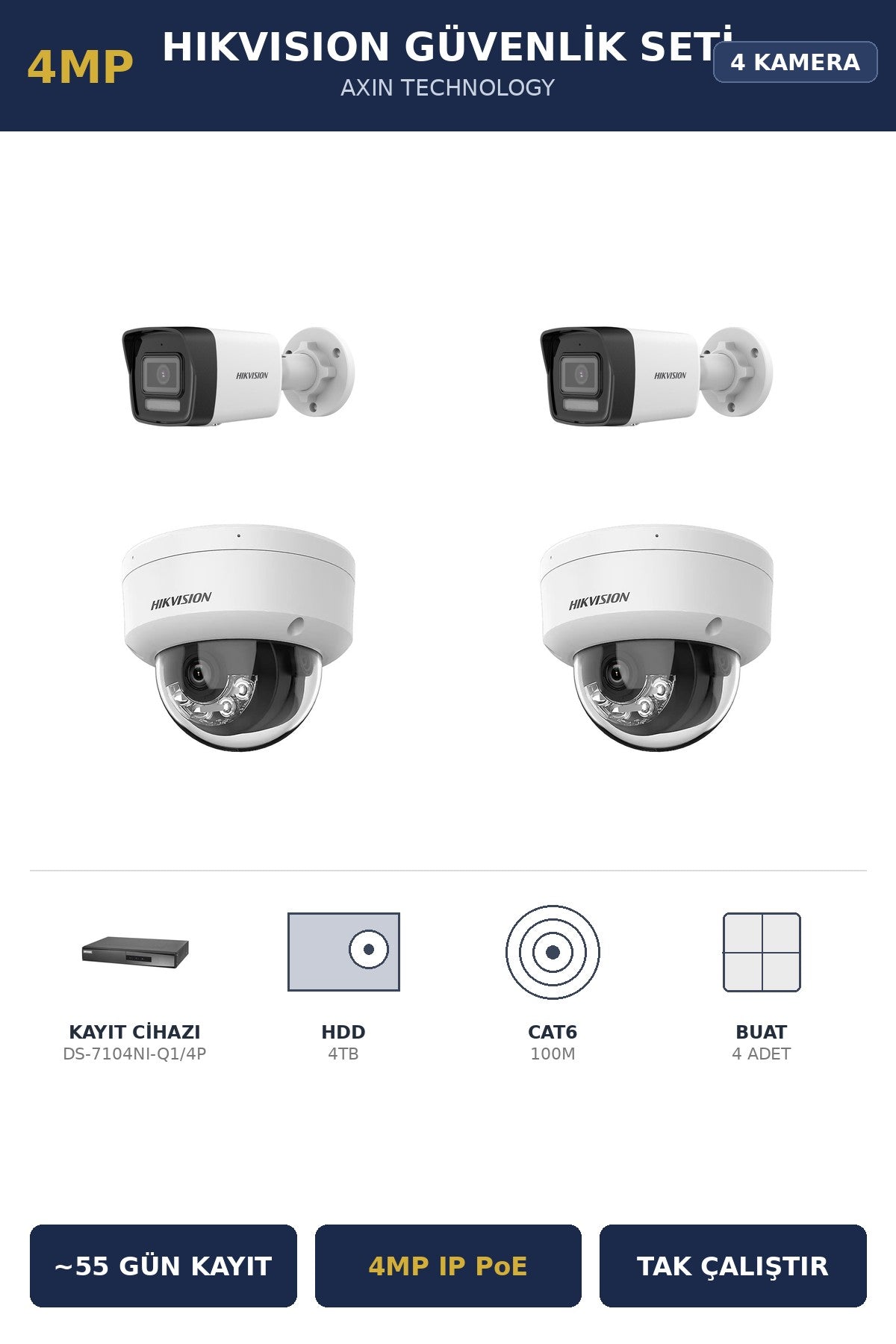 Hikvision 4 Kameralı 4MP Güvenlik Kamera Seti 4MP IP PoE 4TB ~55 Gün Kayıt Dome+Bullet