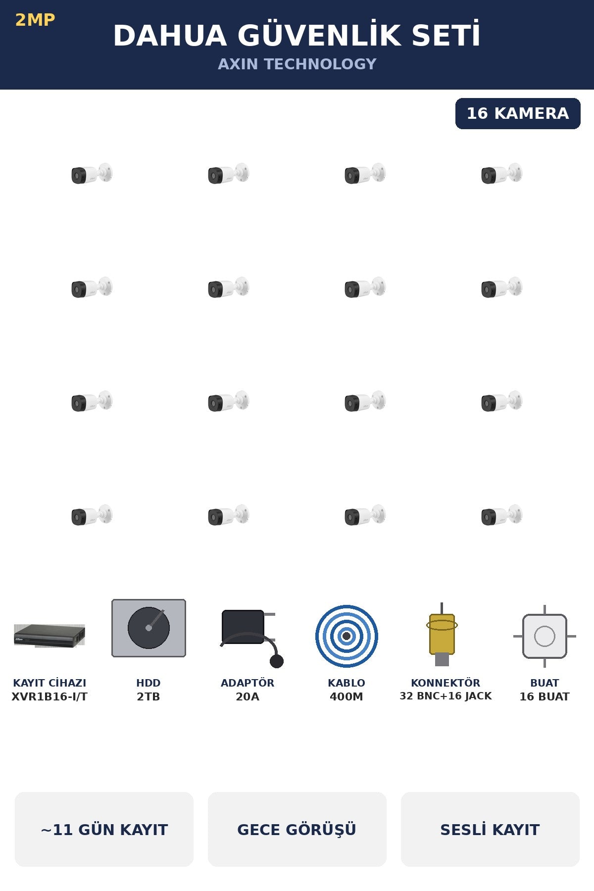 Dahua 16 Kameralı 2MP Güvenlik Kamera Seti Sesli Gece Görüşlü Bullet Dış Mekan 2TB ~11 Gün Kayıt