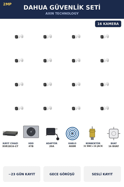 Dahua 16 Kameralı 2MP Güvenlik Kamera Seti Sesli Gece Görüşlü Bullet Dış Mekan 4TB ~23 Gün Kayıt
