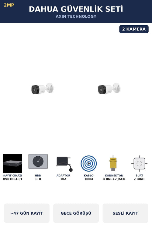 Dahua 2 Kameralı 2MP Güvenlik Kamera Seti Sesli Gece Görüşlü Bullet Dış Mekan 1TB ~47 Gün Kayıt
