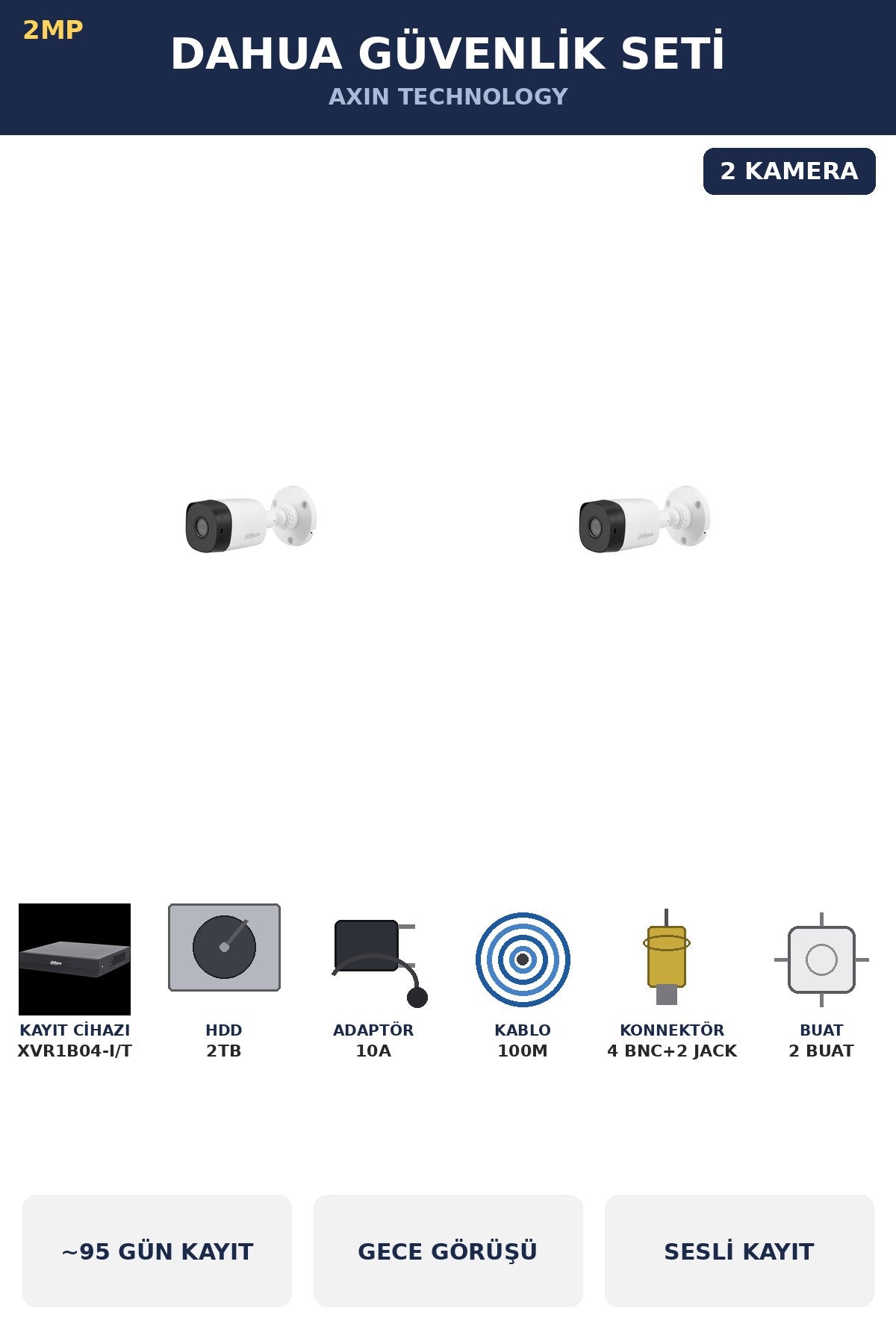 Dahua 2 Kameralı 2MP Güvenlik Kamera Seti Sesli Gece Görüşlü Bullet Dış Mekan 2TB ~95 Gün Kayıt