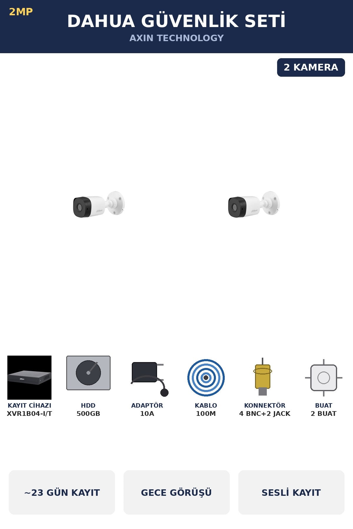 Dahua 2 Kameralı 2MP Güvenlik Kamera Seti Sesli Gece Görüşlü Bullet Dış Mekan 500GB ~23 Gün Kayıt
